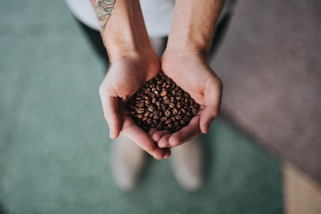 コーヒー豆を両手で持つ男性